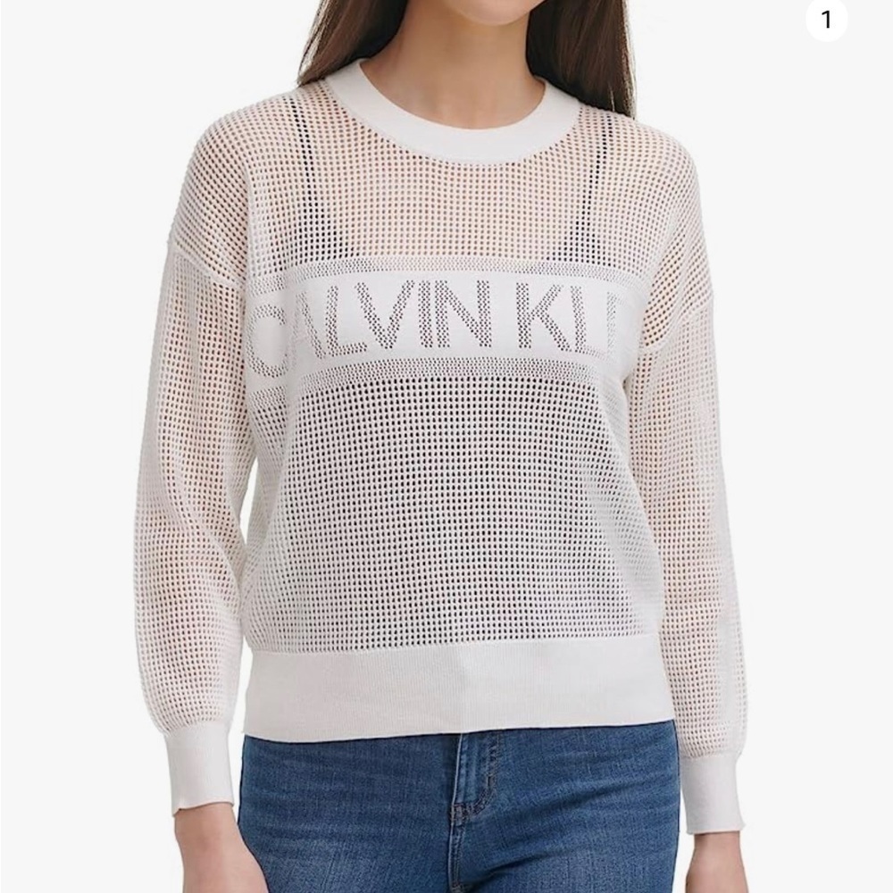 Calvin Klein Small White Sweater Open Weave Logo Crewneck Pullover